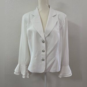ASHRO White Ruffle Sleeve Blazer 16 W Plus 96% Polyester Button Front
